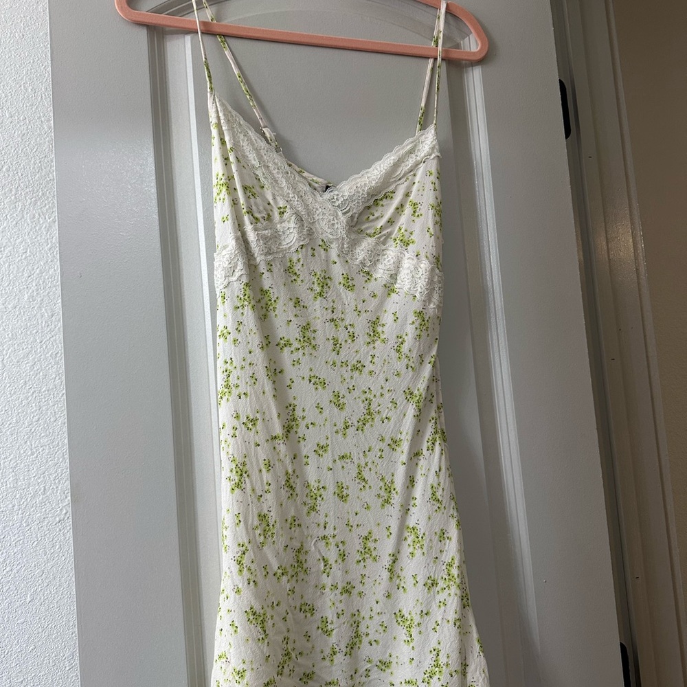 Forever 21 Cream and Green Chemise with Elegant Lace Trim